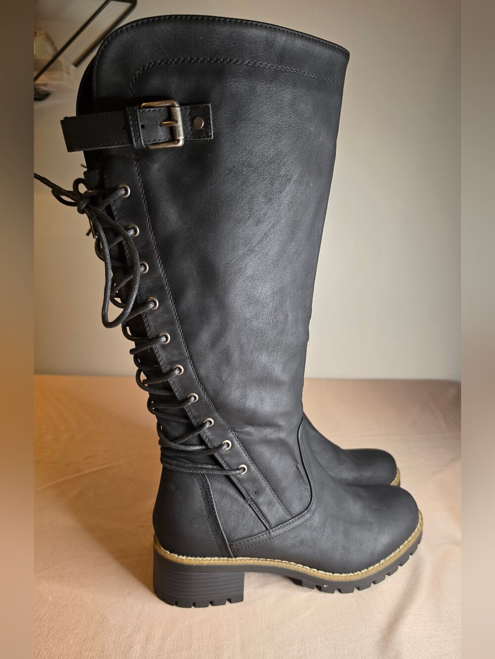 NWOT Global Win Women's Black Lace-Up Knee-High Riding Boots US 9